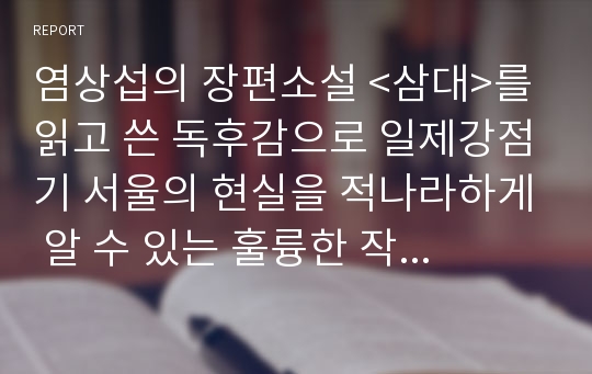 염상섭의 장편소설 &lt;삼대&gt;를 읽고 쓴 독후감으로 일제강점기 서울의 현실을 적나라하게 알 수 있는 훌륭한 작품입니다.