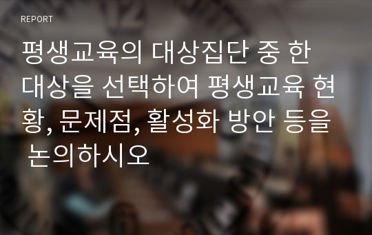 평생교육의 대상집단 중 한 대상을 선택하여 평생교육 현황, 문제점, 활성화 방안 등을 논의하시오