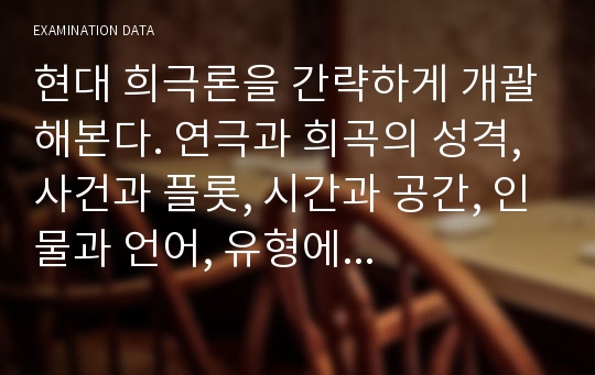 현대 희극론을 간략하게 개괄해본다. 연극과 희곡의 성격, 사건과 플롯, 시간과 공간, 인물과 언어, 유형에 대한 특징을 간략하게 정리해 살펴본다.