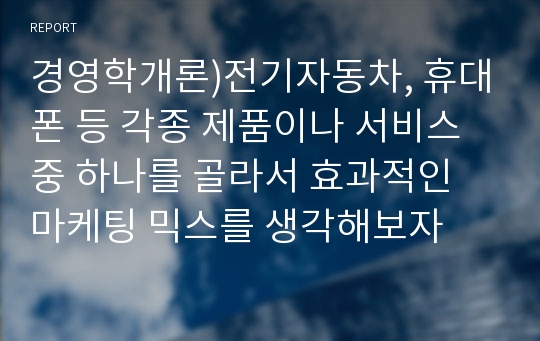 경영학개론)전기자동차, 휴대폰 등 각종 제품이나 서비스 중 하나를 골라서 효과적인 마케팅 믹스를 생각해보자