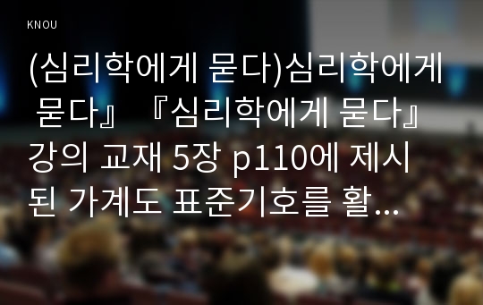 (심리학에게 묻다)심리학에게 묻다』『심리학에게 묻다』 강의 교재 5장 p110에 제시된 가계도 표준기호를 활용하여 자신의 가계도를 작성한 후, 자신의 가계도에서 나타나는 특징이 무엇이며, 그러한 가족관계적 특징이 자신에게 미친 영향에 대해 서술하시오. (30점 만점)