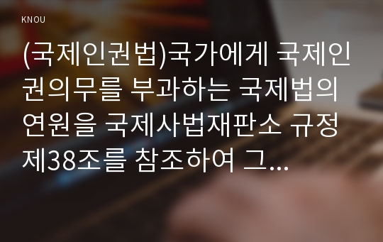 (국제인권법)국가에게 국제인권의무를 부과하는 국제법의 연원을 국제사법재판소 규정 제38조를 참조하여 그 유형을 설명하고 해당 예를 제시