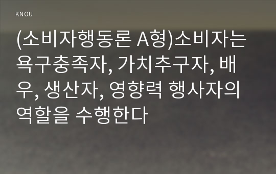 (소비자행동론 A형)소비자는 욕구충족자, 가치추구자, 배우, 생산자, 영향력 행사자의 역할을 수행한다