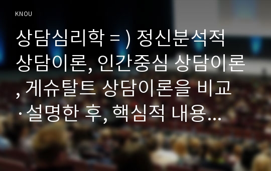 상담심리학 = ) 정신분석적 상담이론, 인간중심 상담이론, 게슈탈트 상담이론을 비교·설명한 후, 핵심적 내용을 정리하여 하나의 표로 요약하여 제시하시오.