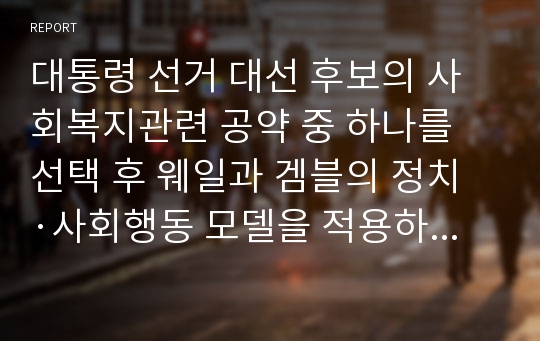 대통령 선거 대선 후보의 사회복지관련 공약 중 하나를 선택 후 웨일과 겜블의 정치·사회행동 모델을 적용하여 분석