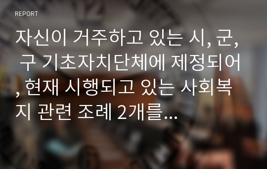 자신이 거주하고 있는 시, 군, 구 기초자치단체에 제정되어, 현재 시행되고 있는 사회복지 관련 조례 2개를 찾은 후 찾은 조례의 제정 목적 및 조례 내용을 간략하게 요약 기술하고, 각 조례의 문제점과 개선방안 등에 대한 자신의 생각을 논하시오.