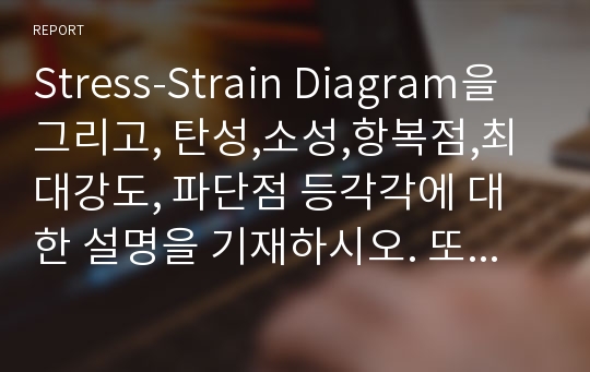 Stress-Strain Diagram을 그리고, 탄성,소성,항복점,최대강도, 파단점 등각각에 대한 설명을 기재하시오. 또한 strain을 측정하기 위하여 사용되는 strain gauge에 대하여 조사한 후 요약 정리하시오.