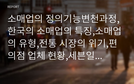 소매업의 정의기능변천과정,한국의 소매업의 특징,소매업의 유형,전통 시장의 위기,편의점 업체 현황,세븐일레븐 성공 사례
