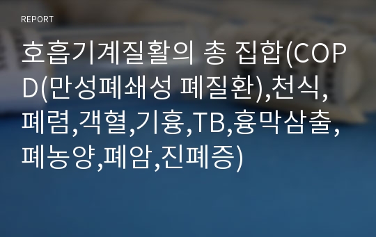 호흡기계질활의 총 집합(COPD(만성폐쇄성 폐질환),천식,폐렴,객혈,기흉,TB,흉막삼출,폐농양,폐암,진폐증)