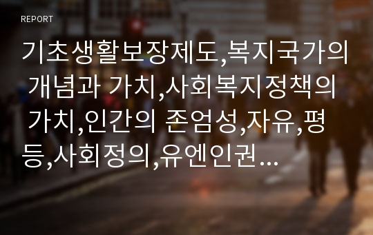 기초생활보장제도,복지국가의 개념과 가치,사회복지정책의 가치,인간의 존엄성,자유,평등,사회정의,유엔인권선언,대한민국 헌법,국가인권위원회법