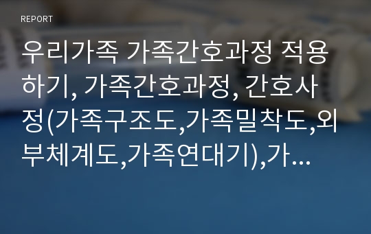 우리가족 가족간호과정 적용하기, 가족간호과정, 간호사정(가족구조도,가족밀착도,외부체계도,가족연대기),가족자료분석,가족간호진단(3개),우선순위결정,간호과정 3개, 수행계획, 평가계획