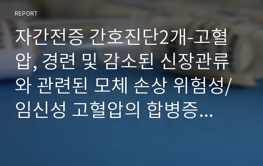 자간전증 간호진단2개-고혈압, 경련 및 감소된 신장관류와 관련된 모체 손상 위험성/임신성 고혈압의 합병증과 관리에 대한 지식부족과 관련된 불안