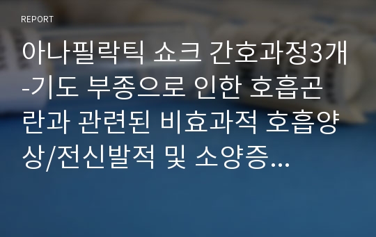 아나필락틱 쇼크 간호과정3개-기도 부종으로 인한 호흡곤란과 관련된 비효과적 호흡양상/전신발적 및 소양증과 관련된 피부통합성 장애/의식저하 및 전신경련과 관련된 낙상의 위험