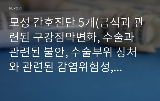 모성 간호진단 5개(금식과 관련된 구강점막변화, 수술과 관련된 불안, 수술부위 상처와 관련된 감염위험성, 환경변화와 관련된 수면장애, 정보부족과 관련된 지식부족)