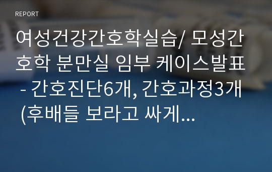 여성건강간호학실습/ 모성간호학 분만실 임부 케이스발표 - 간호진단6개, 간호과정3개 (후배들 보라고 싸게 팝니다)