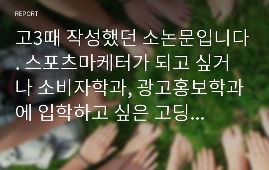 고3때 작성했던 소논문입니다. 스포츠마케터가 되고 싶거나 소비자학과, 광고홍보학과에 입학하고 싶은 고딩수시러들에게 굵직한 내용의 소논문을 공유합니다.