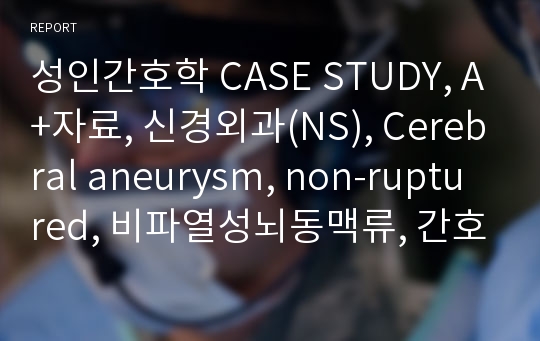 성인간호학 CASE STUDY, A+자료, 신경외과(NS), Cerebral aneurysm, non-ruptured, 비파열성뇌동맥류, 간호진단5개, 간호과정 2개