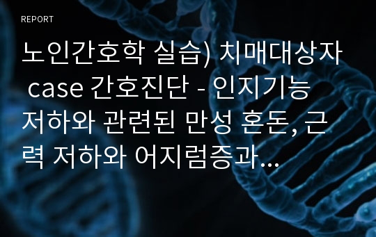 노인간호학 A+) 치매대상자 간호진단 - 인지기능 저하와 관련된 만성 혼돈, 근력 저하와 어지럼증과 관련된 낙상의 위험(이론적 근거 有)