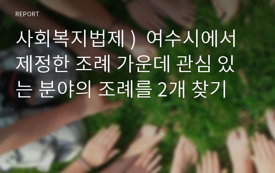 사회복지법제 )  여수시에서 제정한 조례 가운데 관심 있는 분야의 조례를 2개 찾기