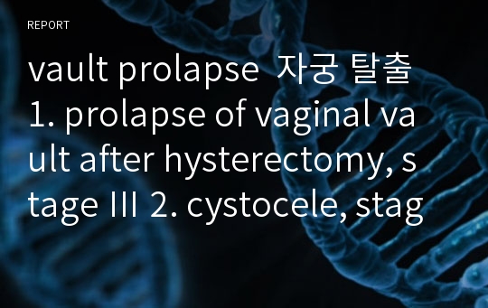 vault prolapse  자궁 탈출 1. prolapse of vaginal vault after hysterectomy, stage Ⅲ 2. cystocele, stage  Ⅲ, 여성간호학 케이스스터디