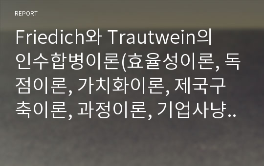 Friedich와 Trautwein의 인수합병이론(효율성이론, 독점이론, 가치화이론, 제국구축이론, 과정이론, 기업사냥꾼이론, 경제적 교란이론)