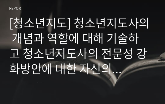 [청소년지도] 청소년지도사의 개념과 역할에 대해 기술하고 청소년지도사의 전문성 강화방안에 대한 자신의 의견 제시하고 이유를 서술하시오