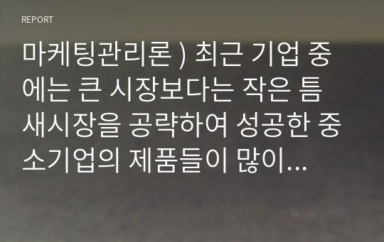 마케팅관리론 ) 최근 기업 중에는 큰 시장보다는 작은 틈새시장을 공략하여 성공한 중소기업의 제품들이 많이 있다.