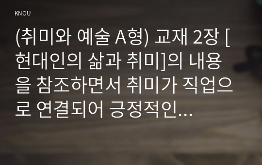 (취미와 예술 A형) 교재 2장 [현대인의 삶과 취미]의 내용을 참조하면서 취미가 직업으로 연결되어 긍정적인 결과를 낳은 사례와 부정적인 결과를 낳은 사례를 각각 찾아보고, 그와 같이 상반된 결과가 생기게 된 배경을 분석해 보시오