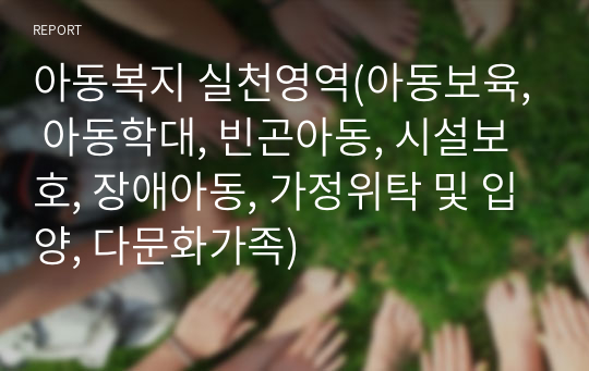 아동복지 실천영역(아동보육, 아동학대, 빈곤아동, 시설보호, 장애아동, 가정위탁 및 입양, 다문화가족)