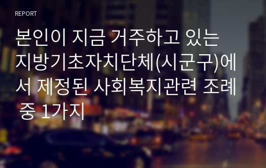 본인이 지금 거주하고 있는 지방기초자치단체(시군구)에서 제정된 사회복지관련 조례 중 1가지