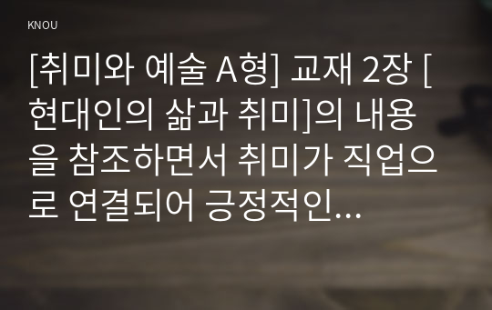 [취미와 예술 A형] 교재 2장 [현대인의 삶과 취미]의 내용을 참조하면서 취미가 직업으로 연결되어 긍정적인 결과를 낳은 사례와 부정적인 결과를 낳은 사례를 각각 찾아보고, 그와 같이 상반된 결과가 생기게 된 배경을 분석해 보시오