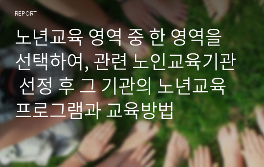 노년교육 영역 중 한 영역을 선택하여, 관련 노인교육기관 선정 후 그 기관의 노년교육 프로그램과 교육방법