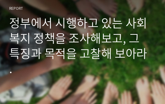 정부에서 시행하고 있는 사회복지 정책을 조사해보고, 그 특징과 목적을 고찰해 보아라.