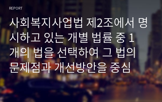 사회복지사업법 제2조에서 명시하고 있는 개별 법률 중 1개의 법을 선택하여 그 법의 문제점과 개선방안을 중심