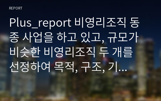 Plus_report 비영리조직 동종 사업을 하고 있고, 규모가 비슷한 비영리조직 두 개를 선정하여 목적, 구조, 기능적 관점에서 비교·평가해보기.