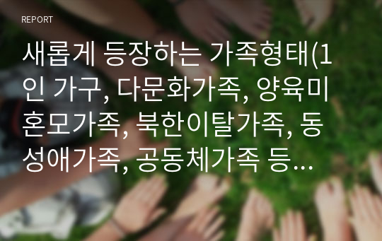 새롭게 등장하는 가족형태(1인 가구, 다문화가족, 양육미혼모가족, 북한이탈가족, 동성애가족, 공동체가족 등) 가운데 관심 있는 가족을 선택하여 해당 가족의 현황, 가족문제, 관련 가족복지 프로그램, 전망과 과제에 대해 기술하시오.