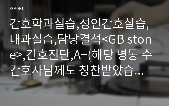 간호학과실습,성인간호실습,내과실습,담낭결석 case study,&lt;GB stone&gt;,간호진단,A+,해당 병동 수간호사님께도 칭찬받았습니다.