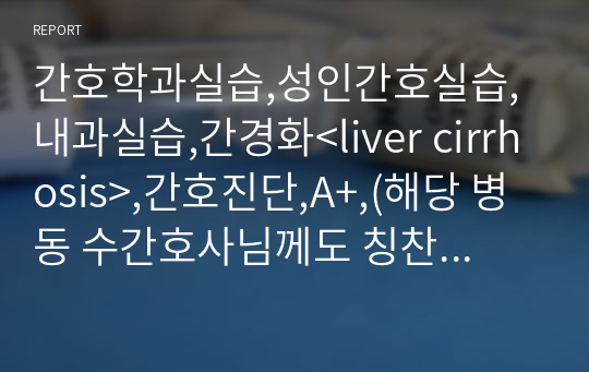 간호학과실습,성인간호실습,내과실습,간경화 case study, &lt;liver cirrhosis&gt;,간호진단,A+,해당 병동 수간호사님께도 칭찬받은 케이스입니다.