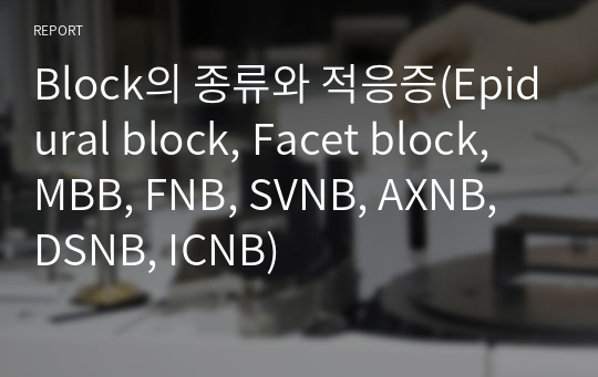 Block의 종류와 적응증(Epidural block, Facet block, MBB, FNB, SVNB, AXNB, DSNB, ICNB)