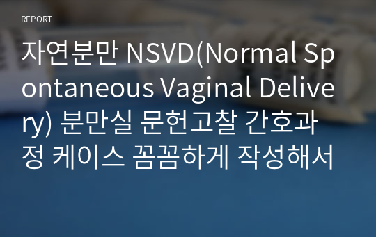 자연분만 NSVD(Normal Spontaneous Vaginal Delivery) 분만실 문헌고찰 간호과정 케이스 꼼꼼하게 작성해서 교수님께 칭찬받은 과제입니다