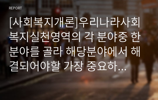 [사회복지개론]우리나라사회복지실천영역의 각 분야중 한분야를 골라 해당분야에서 해결되어야할 가장 중요하고 심각한 문제를 기술하고 기존 정책적접근과 임상적접근을 조사하시오.