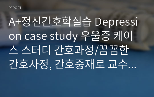 A+정신간호학실습 Depression case study 우울증 케이스 스터디 간호과정/꼼꼼한 간호사정, 간호중재로 교수님께 칭찬 받았습니다.