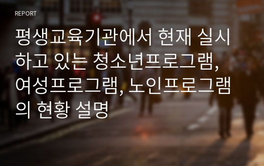 평생교육기관에서 현재 실시하고 있는 청소년프로그램, 여성프로그램, 노인프로그램의 현황 설명