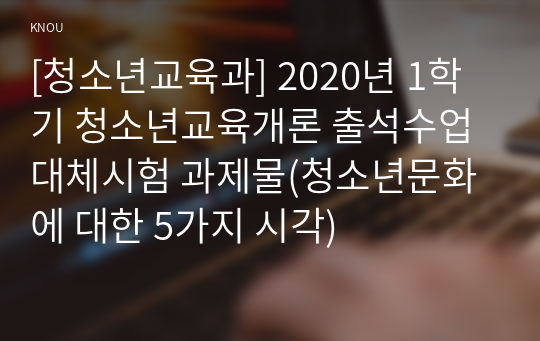 [청소년교육과] 2020년 1학기 청소년교육개론 출석수업대체시험 과제물(청소년문화에 대한 5가지 시각)