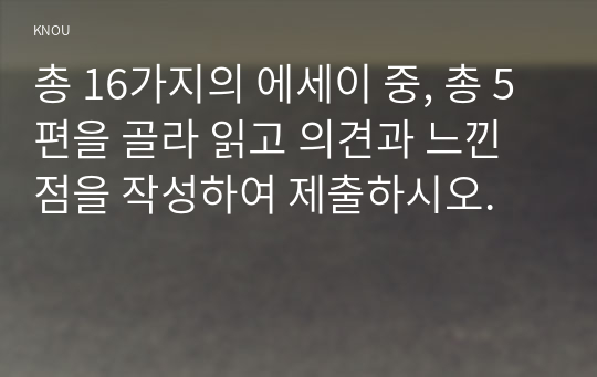 총 16가지의 에세이 중, 총 5편을 골라 읽고 의견과 느낀점을 작성하여 제출하시오.