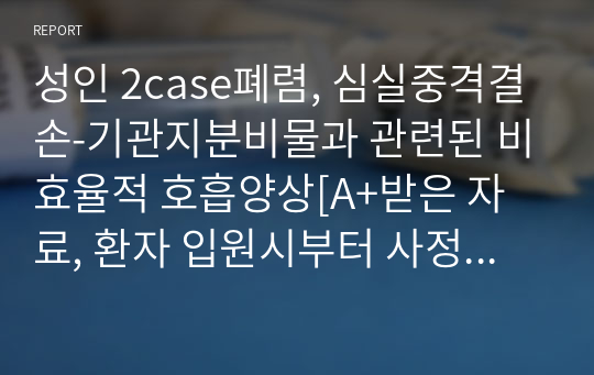 성인 2case폐렴, 심실중격결손-기관지분비물과 관련된 비효율적 호흡양상[A+받은 자료, 환자 입원시부터 사정일까지 자세히 기록, 꼼꼼히 기록, 교수님에게 칭찬받은 과제, 간호수행 많고 자세함]