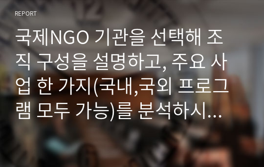 국제NGO 기관을 선택해 조직 구성을 설명하고, 주요 사업 한 가지(국내,국외 프로그램 모두 가능)를 분석하시오. (굿네이버스, 굿피플, 글로벌케어, 기아대책, 대한사회복지회, 사랑의장기기증운동본부, 세이브더칠드런, 월드비전, 지구촌공생회, 초록우산어린이재단, 한국해비타트)