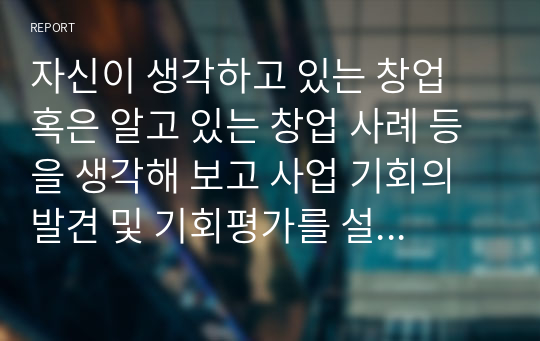 자신이 생각하고 있는 창업 혹은 알고 있는 창업 사례 등을 생각해 보고 사업 기회의 발견 및 기회평가를 설명해보고 간략한 사업계획서를 작성해보시오.