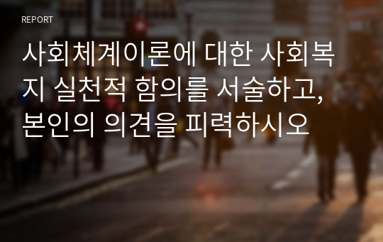 사회체계이론에 대한 사회복지 실천적 함의를 서술하고, 본인의 의견을 피력하시오