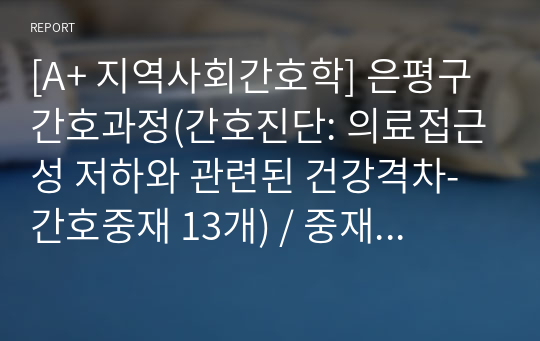 [A+ 지역사회간호학] 은평구 간호과정(간호진단: 의료접근성 저하와 관련된 건강격차-간호중재 13개) / 중재수레바퀴 모델 적용